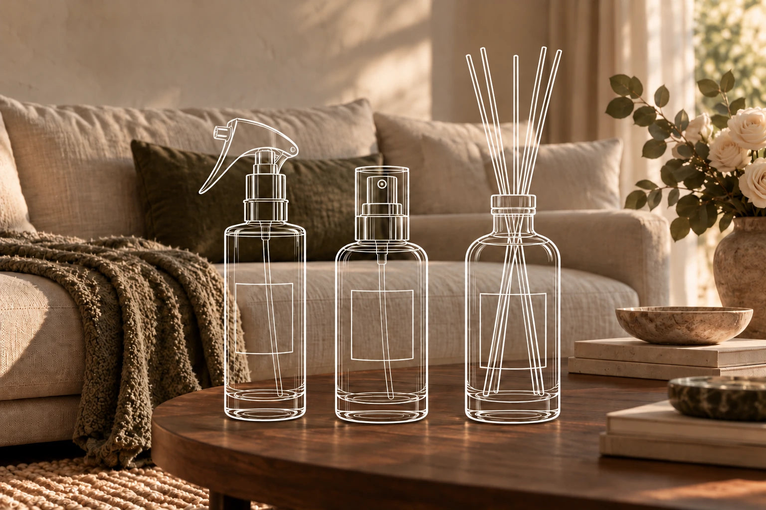 Sala aconchegante com sofá de linho, luz natural e desenhos brancos dos frascos de spray para tecidos, home spray e difusor.